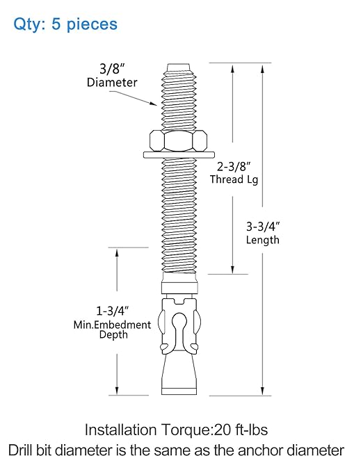 3/8 inch x 3-3/4 inch - 5 Pieces Wedge Anchor Zinc Plated Heavy Duty Fastener for Concrete