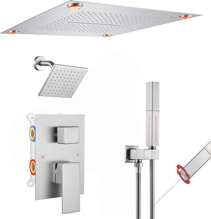 VANFOXLE Shower Faucet Set Brushed Nickel Shower System,Shower Faucet with 2 in 1 Handheld,Ceiling Mount 16 Inch Shower Head+6 Inch Shower Head(Rough-in Valve Body and Trim)