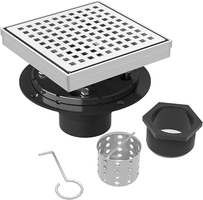 Square Shower Drain | 6 Inch AISI 304 Stainless Steel Shower Drain Kit with ABS Flange, Hair Strainer, Brushed Nickel Shower Floor Drain with Removable Grid Cover, in Bathroom, Kitchen, Balcony etc.