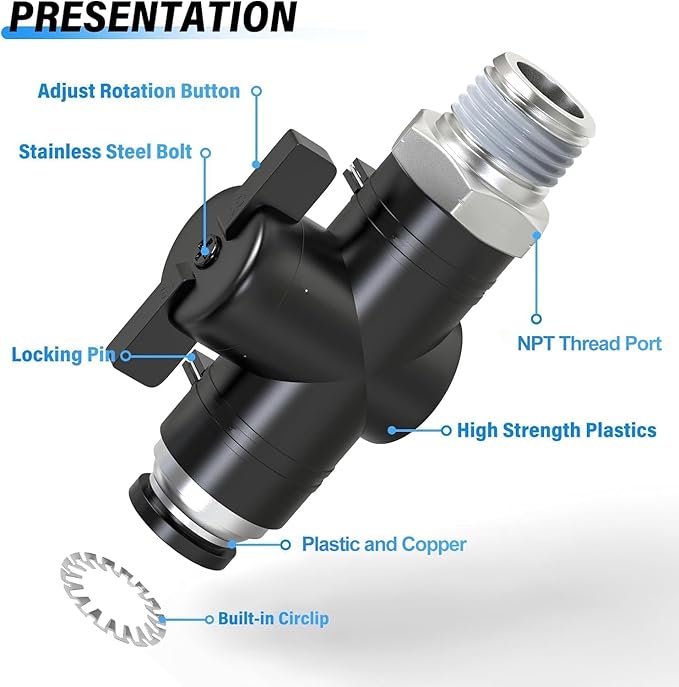 TAILONZ PNEUMATIC 5/32 Inch Tube OD x 1/8 Inch NPT Thread Ball Valve Air Flow Control Valve Push to Connect Fitting BVC-5/32-N1（Pack of 1）