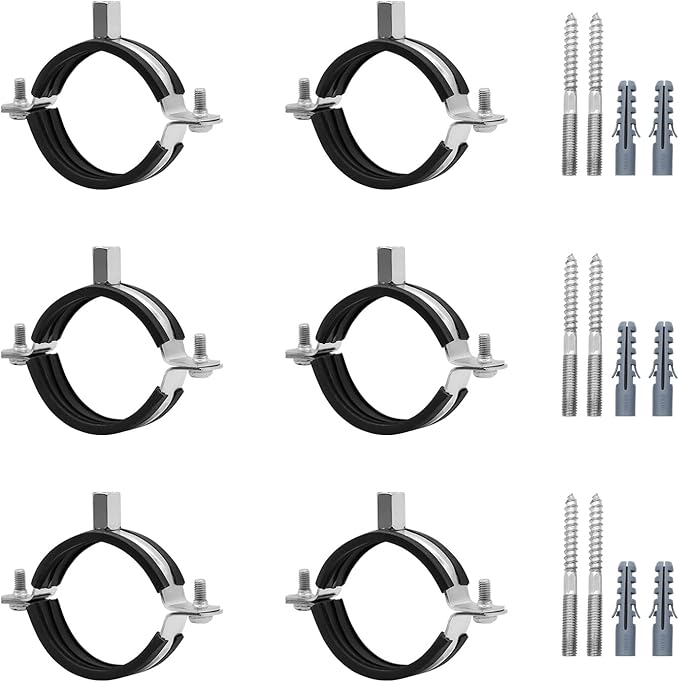 6 Pcs 1.5-1.7 Inch Split Ring Pipe Hanger, 38-43mm Heavy Duty Adjustable Pipe Bracket Clamp with Screw & Expansion Tube, Wall Ceiling Mount Combination Thread M8/M10 Metal Pipe Clamps