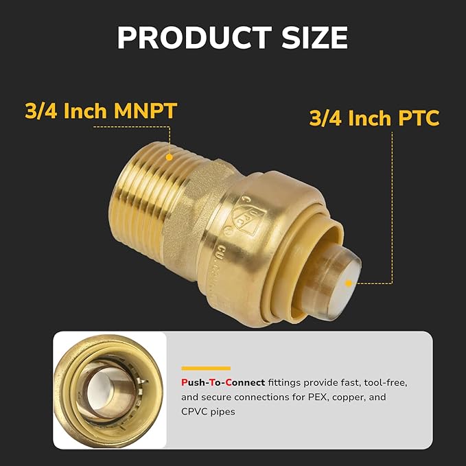 3/4" PTC to 3/4" NPT Male Adapter Push-Fit, Push to Connect Brass Plumbing Fitting for Copper, CPVC, PEX Pipes, With Upgraded Stiffener, Disconnect Clip Included, NSF & UPC Certified