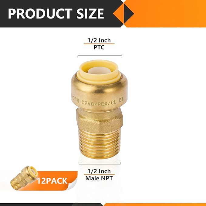 12-Pack HeSun Pushfit Male Adapter, 1/2" MNPT x 1/2" Push to Connect Plumbing Fittings with Disconnect Clip, Brass Push-fit Fittings for PEX, Copper, CPVC, PE-RT Pipes(PF021-12)