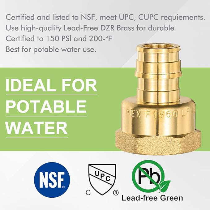 10 Pack ORIANSE 1/2" Pex-A Female Adapter, 1/2" NPT to 1/2" PEX Brass Expansion PEX-A Fittings,Zero-Lead Brass NSF/ANSI 61 NSF 372 Certificate, ASTM F1960 Certified