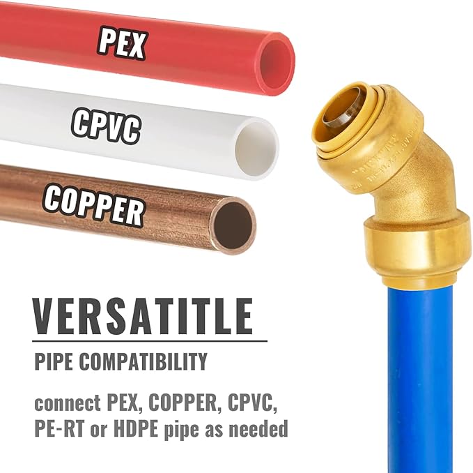 SUNGATOR 3/4 Inch 45 Degree Elbow, No Lead Brass Plumbing Fittings Push to Connect PEX Pipe, Copper, CPVC, PE-RT, with 1 Disconnect Clip, Pack of 3