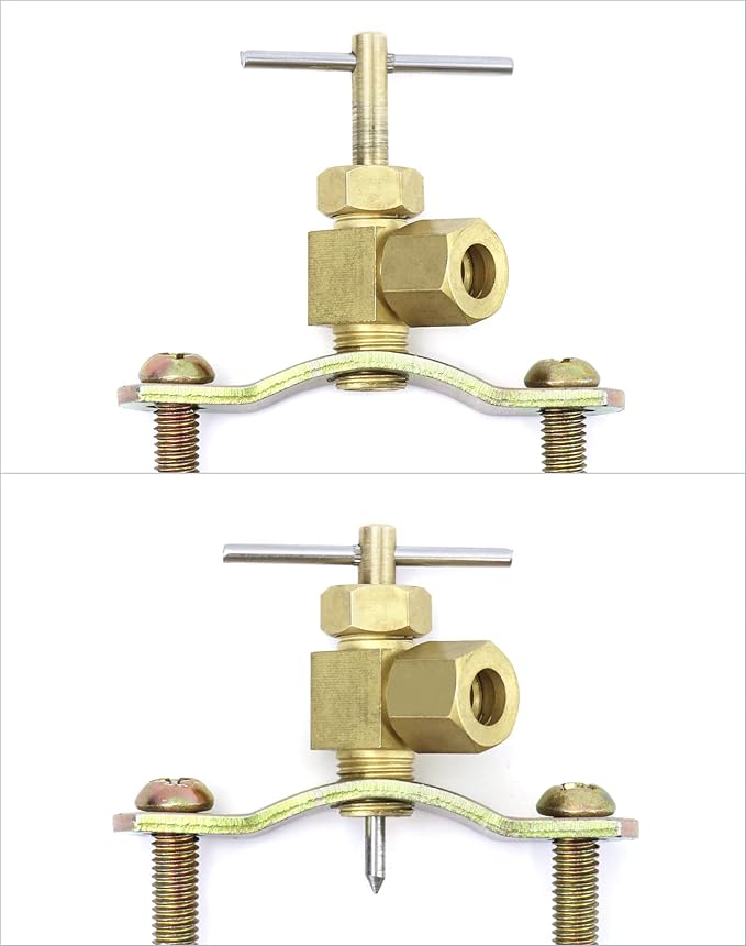 QWORK Self-Tapping Saddle Valve, Pack of 2, Copper Needle Valve with 1/4" Compression Outlet, Fit 3/8" to 1-1/4" OD Tube