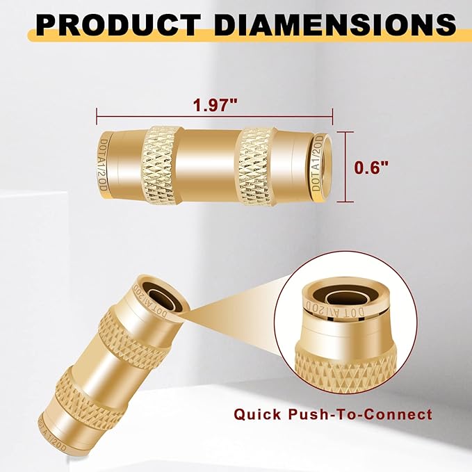 Siptenk 1/2 DOT Air Line Fittings 5PCS, Brass Straight Union 1/2" OD Air Brake Line Fittings Quick Push to Connect Fittings for Truck Trailers Industry Air System