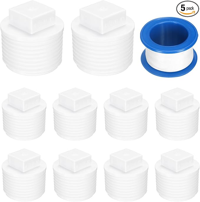uxcell 5Pcs 1 Inch PT Male Thread PVC Pipe Fitting Plug, Cleanout Plugs, Water Drain End Caps Coupling Adapter with Tape for Water Heater Supply Lines, Plumbing, White
