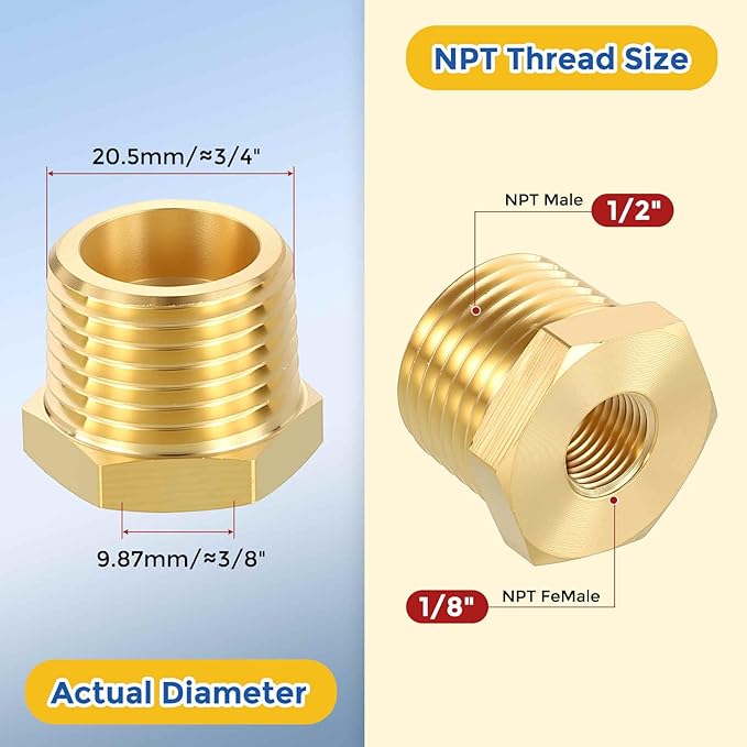 5 Pack Brass Pipe Fittings, 1/2" Male NPT to 1/8" FeMale NPT Brass Hex Bushing Reducer, Hose Tube Threaded Adapter Suitable for Air, Oil, LP, Gas