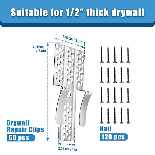 Drywall Repair Clips, 60pcs Drywall Fastner Clips with 120 Screws Fits 1/2" and 5/8" Panels Stainless Steel Wall Patch Kits for Walls Repairing (60)