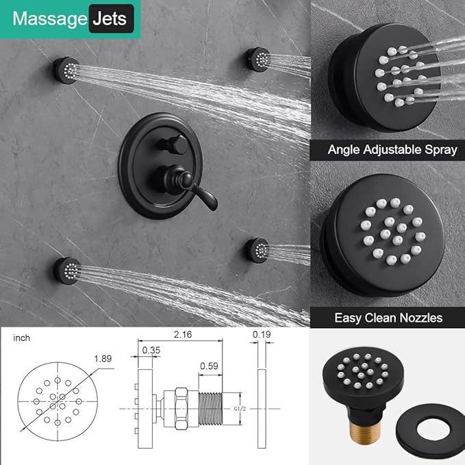 Homekice Antique Shower Faucet-Sets Complete Fixtures: 9 inch Ceiling Rain Head with Handheld Spray and Body Jets, 3 Way Diverter Brass Rough in Valve System Included Trim Kit, Matte Black