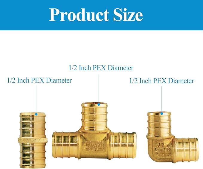 WiseWater 60 Pcs Pex Fittings, 1/2 inch T PEX Tee(20PCS) & 90 Degree Elbow & Straight Coupling, Brass Barb Crimp Pipe Fitting for Pex Pipe(Pack of 60), UPC Certified