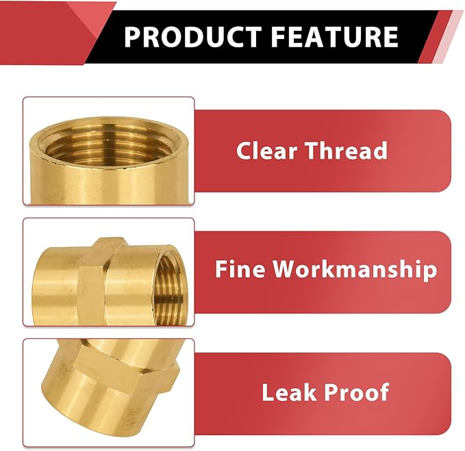 (Pack of 2) EFIELD 1/2" x 1/2" Female NPT Coupling, Soild Brass Hex Nipple Brass Pipe Fittings,(NPT073)