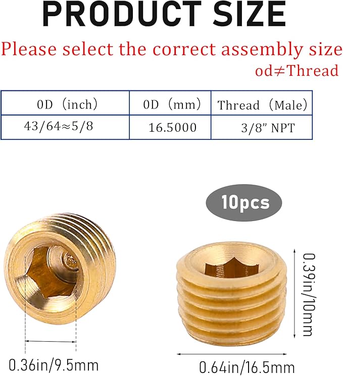 Brass 3/8" NPT Male Pipe Plug Fitting Set - 10 PCS Hex Counter Sunk Plugs for Pipe End Closure