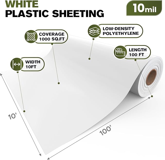 White Crawl Space Vapor Barrier, 10 Mil Vapor Barrier, 10' x 100', Heavy Duty Polyethylene Film, Thick Plastic Sheeting, Plastic Drop Cloth Covering for Crawlspace, Basement, White