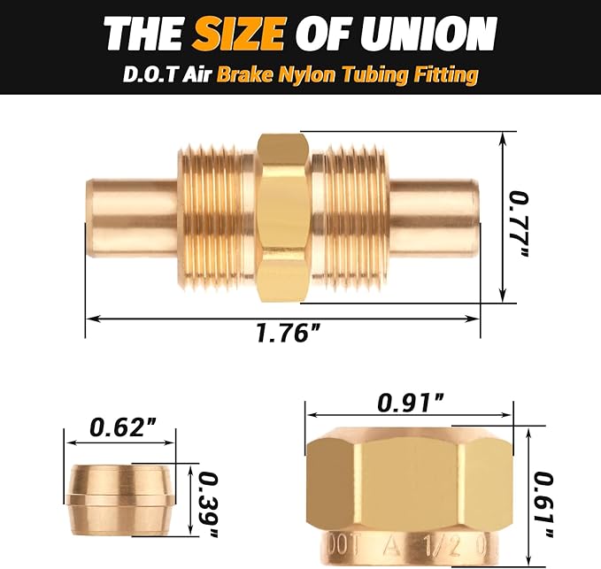 DOT Air Brake Line Fittings Connector for Nylon Tubing 1/2", Brass Air Compression Nylon Hose Fitting with D.O.T Approved for Trucks Trailers and Industrial Repair(Pack 2)
