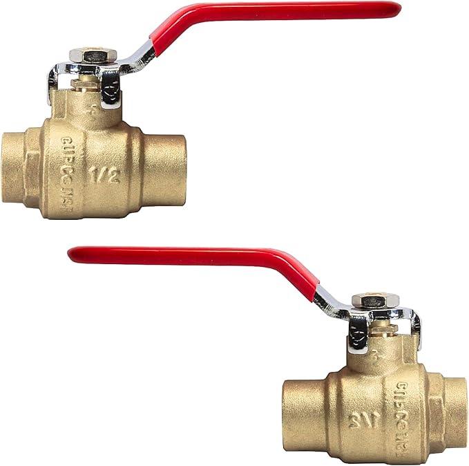 2-Pack HeSun 1/2 Inch Sweat Ball Valve, Brass Full Port Shut-off Valve,1/2" SWT x 1/2" SWT, 600 WOG (Water, Oil and Gas),Red(VALVE044-2)