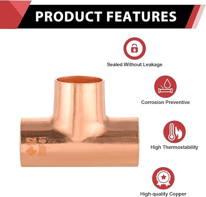 Pro 30-Pack EFIELD 1/2"" X 1/2"" X 1/2"" C X CX C Copper Tee, LF Copper Plumbing Fittings with Sweat Solder Connection, 0.5 Inch,(COPPER010)