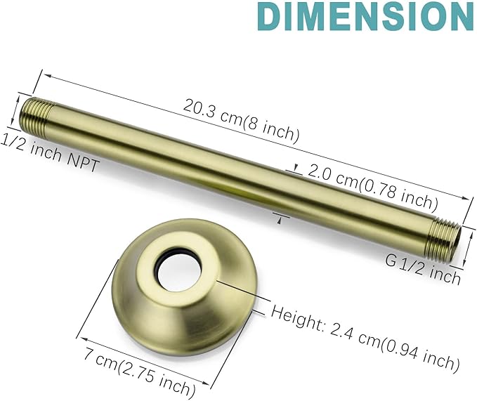 BESTILL 8 Inch Ceiling Mount Rain Shower Head Arm and Flange, Brushed Gold