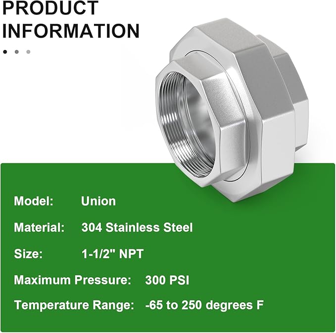 TAISHER 1PCS 304 Stainless Steel Union，1-1/2" NPT Female Cast Pipe Fitting