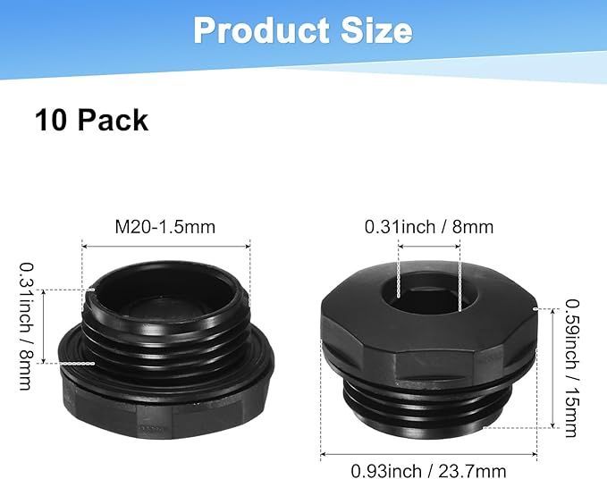 10-Pack Inner Hex Head Pipe Plug End Cap, M20x1.5mm Nylon Garden Hose Stopper Connector Plug with Sealing Ring for Terminating Pipe Ends [Black]
