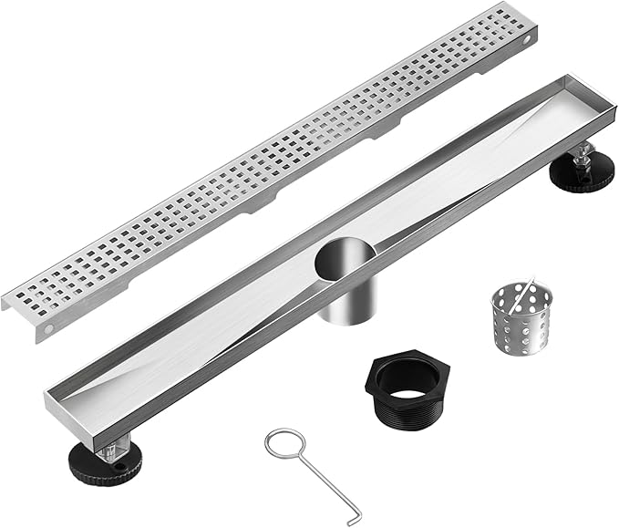 Linear Shower Drain, Shower Drain 40 inch with Removable Grate Cover, Professional AISI 304 Stainless Steel Shower Floor Drain, Linear Drain with Hair Catcher and Leveling Feet