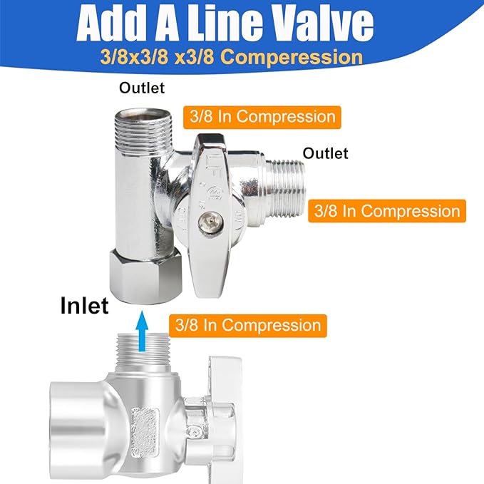 WHK Angle Stop Add-A-Tee Valve 3/8x3/8x3/8 or 1/2" Compression Tee Fittings Water Line Splitter 3 Way T Valve for Toilet Bidet,Sink Dishwasher(Lead-Free Brass)