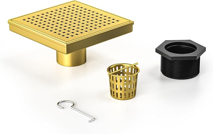 Square Shower Drain 6", 304 Stainless Steel Floor Drain with Grid Drain Cover & Hair Strainer, Shower Drain w/CUPC Certified, Brushed Gold