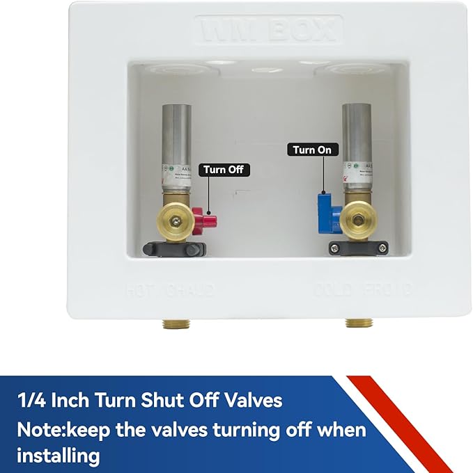 Washing Machine Outlet Box with Water Hammer Arrestor,1/2 Inch Sweat MIPInlet Connection,3/4 Inch MHT Outlet Male Thread Connection, PEX Box with Center Drain with 1/4-Turn Ball Valve