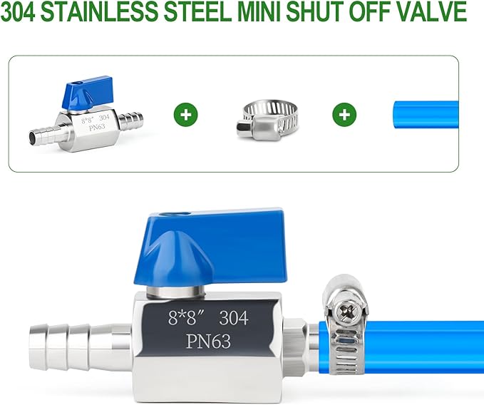 TAISHER 1PCS 304 Stainless Steel 5/16" Mini Ball Valve Shut Off Switch, 5/16” Hose Barb with 2PCS Hose Clamps