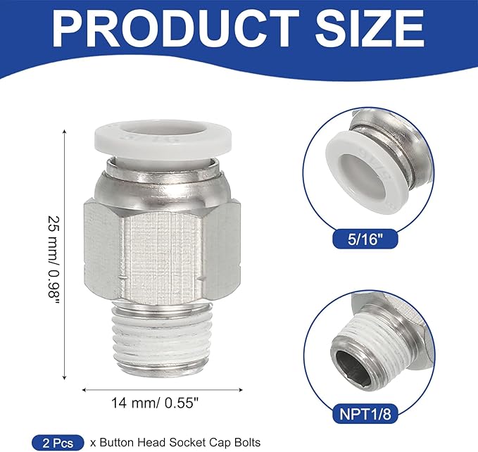 MECCANIXITY 2 Pcs NPT Push to Connect Air Fittings, Male Straight 5/16" Tube OD x 1/8" NPT Thread Air Quick Connector Coupling Adapter for Gas Hose Pneumatic Tools, White