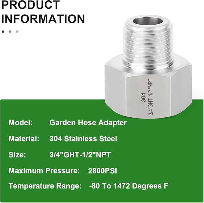 TAISHER 2PCS 304 Stainless Steel Garden Hose Adapter, 3/4" GHT Female x 1/2" NPT Male Garden Hose Connector with Washers