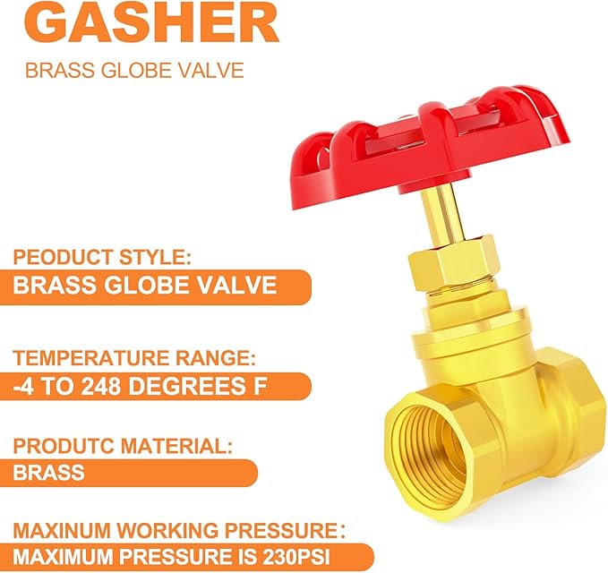 GASHER 2PCS Brass industrial Globe Valve, 1/2" NPT DN15 Female with Wheel Handle,Globe Valve Tool For Water, Oil, Gas