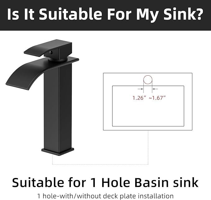 Rywuanku Matte Black Bathroom Faucet Waterfall Spout, Single Handle Sink Faucet with Pop-up Drain & Deck Plate, Modern 1 Hole Vanity Faucet for Vessel Sink