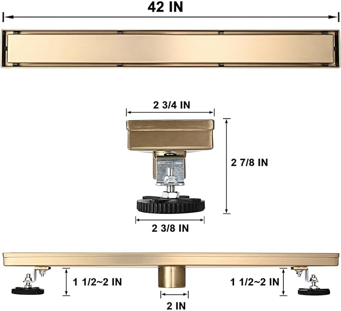 Linear Shower Floor Drain, Brushed Gold 42 Inch 304 Stainless Steel Bathroom Drains Kit, Rectangular Shower Trench Drain with Reversable Tile-in Pattern Drain Cover & Hair Catcher