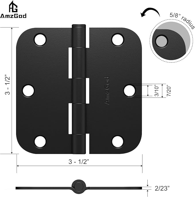 Black Door Hinges - 6 Pack Matte Black Door Hinges 3.5 Inch with 5/8" Radius Corners - Black Hinges for Interior and Exterior Doors - Heavy Duty 3 1/2" Residential Door Hardware