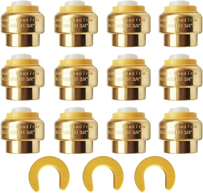 HQMPC 3/4" Push Fit PEX End Cap, Push-to-Connect Brass Plumbing Fittings No Lead Brass Plumbing Fittings with Disconnect Clip for Copper, CPVC 12Pcs