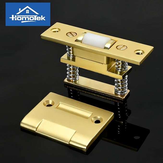 HOMOTEK 2 Pack Commercial Heavy Duty Door Roller Catch, Drive in Ball Catch with Strike Plate Solid Zinc Adjustable Silent Door Latch, Spring Tension Roller, Brushed Brass