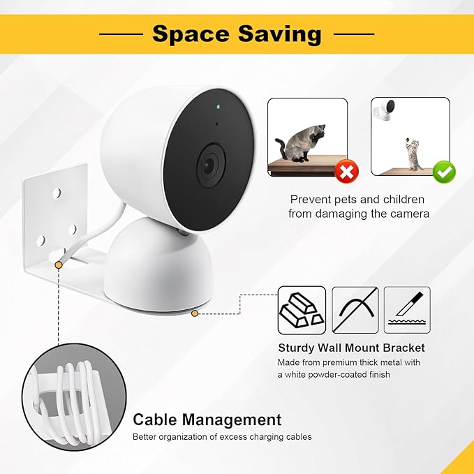 3 Pack Adhesive Metal Nest Camera Mount fits for Google Indoor Nest Security Cam 2nd Generation Wired, Adjustable Wall Mount Camera Bracket Holder for Optimal Viewing Angles, White