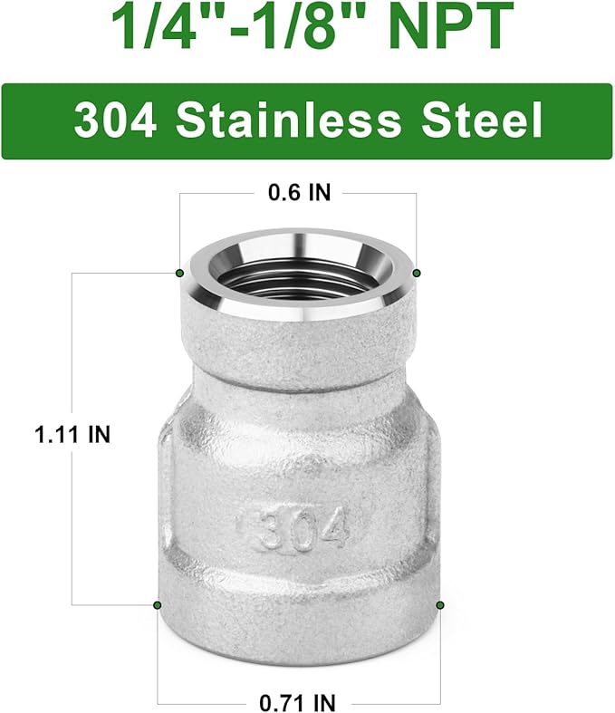 TAISHER 10PCS 304 Stainless Steel Cast Pipe Fitting, Reducer Coupling, 1/4" x 1/8" NPT Female Threaded