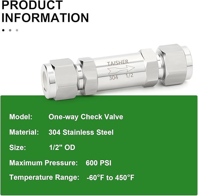 TAISHER 1PCS 304 Stainless Steel 1/2" Tube OD Check Valve(Ferrule Silver Plated),Backflow Prevention,One Way Non-Return Check Valves