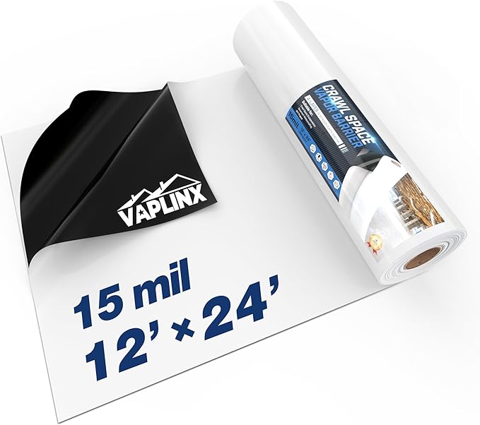 Crawl Space Vapor Barrier - 15 Mil Vapor Barrier - (12' x 24'), Tear Resistant, Heavy Duty Vapor Barrier Plastic, Drop Cloth Moisture Barrier Plastic Sheeting Covering for Crawlspace Encapsulation