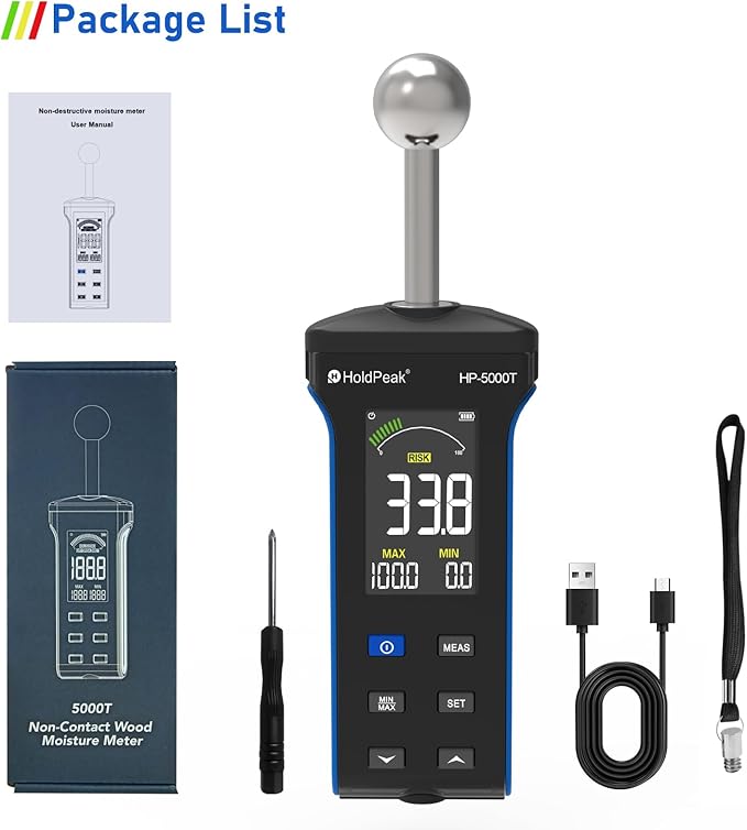 HOLDPEAK Pinless Wood Moisture Meter, Non-Destructive Moisture Meter for Wood, Concrete, Floors, Walls, Measuring Depth 20-40mm Digital Moisture Meter with Masonry-Spherical Sensor, Large LCD Display