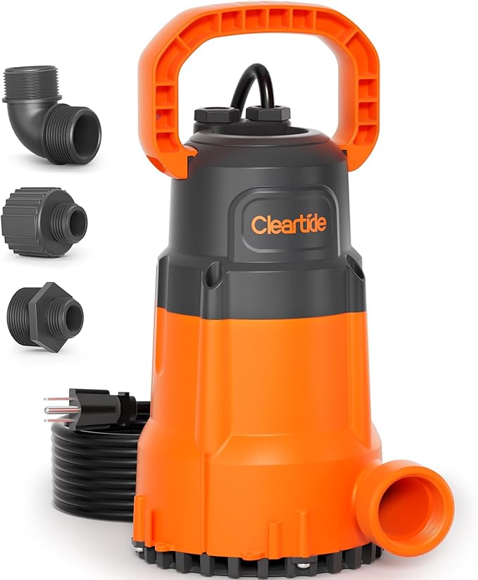 Cleartide Submersible Sump Pump, 1/3 HP Utility Water Pump for Pool Draining, Hot Tub, Basement,100% Copper Motor, Electric Drain Pump Handles 3/8" Solids, 10 FT Cord