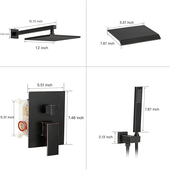 BWE 12 Inch Oill Rubbed Bronze Shower System Faucet Waterfall Tub Complete with Spout Set Square Luxury Rain Mixer Pressure Balancing 3-Function Wall Mount Rainfall Rough-in Valve Body and Trim
