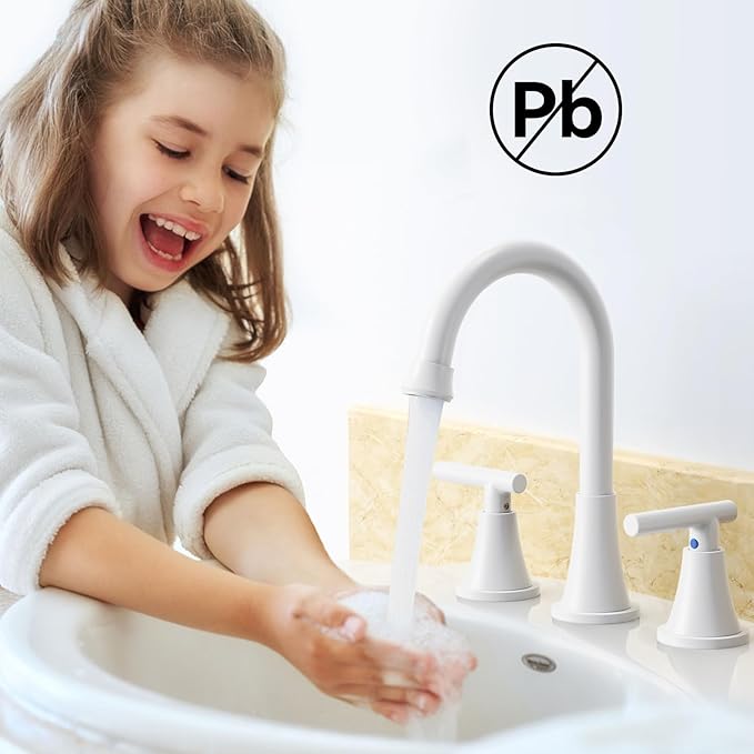 Bathroom Faucets for Sink 3 Hole, Hurran White Bathroom Sink Faucet with Pop-up Drain and Supply Lines, Stainless Steel Lead-Free Widespread Faucet for Vanity RV Farmhouse Sink