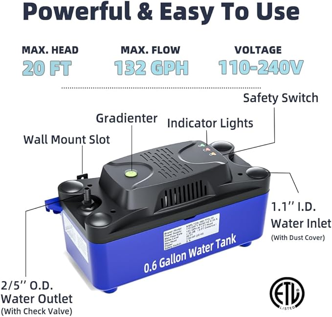 1/30 HP 132 GPH 20 FT HVAC Condensate Pump with 20 FT Tubing, 115V/230V w/Automatic Safety Switch, Removal Drain Pump for Air Conditioner, Dehumidifier, Ice Maker, Furnace, Boiler