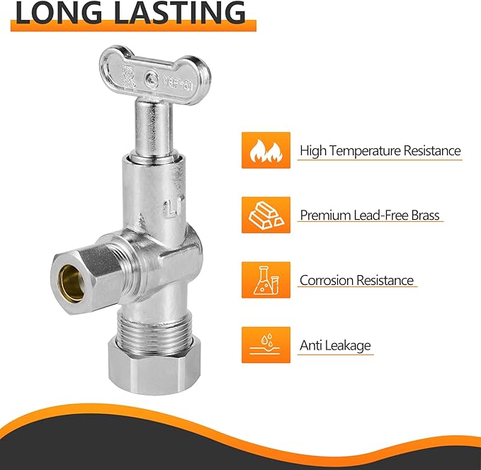 20-PCs HeSun Loose Key Angle Stop Valve, 1/2" Nominal (5/8"OD) Compression x 3/8" OD Compression, 1/4 Turn Shut Off Valve, PEX Chrome Plated Brass