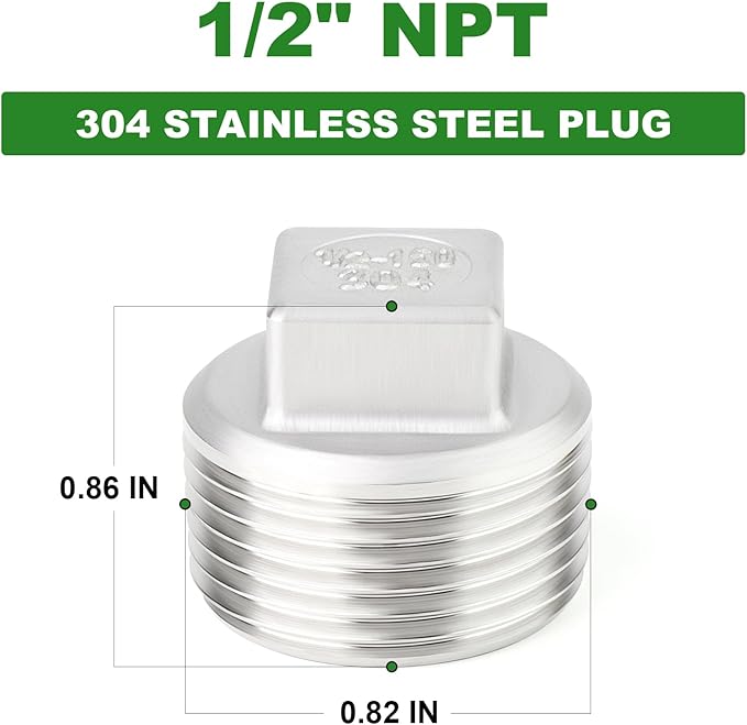 TAISHER 5PCS 304 Stainless Steel Outer Square Thread Socket Pipe Plug Fitting 1/2" NPT Male