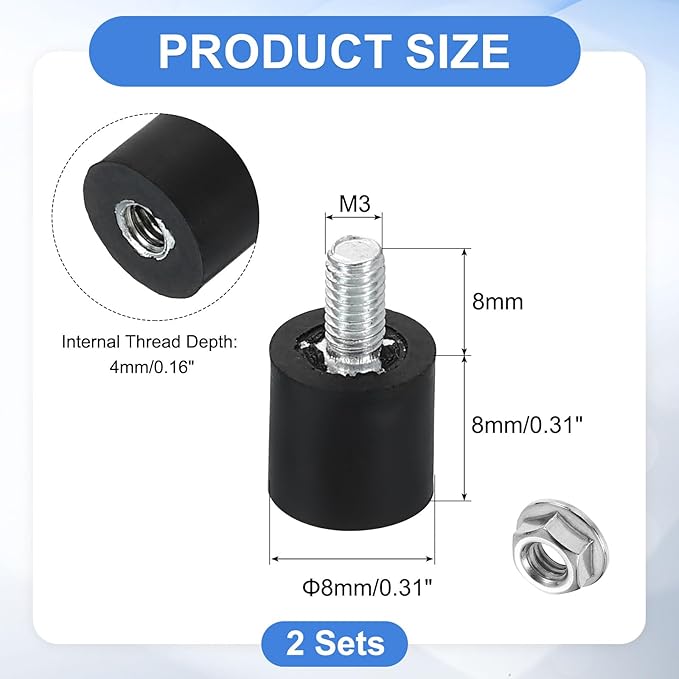 uxcell M3 Rubber Mounts, 2Pcs 8x8mm(DxH) Rubber Cylindrical Anti Vibration Isolator Shock Absorber with Lock Nut for Car Bobbin Generator Air Compressors